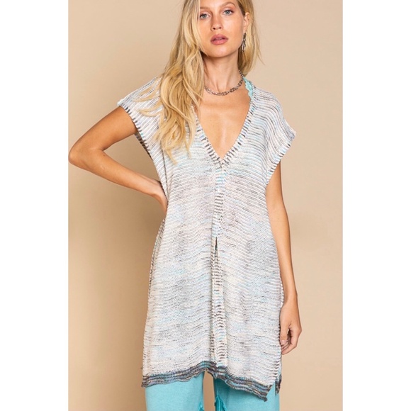 POL Ivory & Blue Multi V Neck Button Front Cap Sleeve Long Cardigan - Picture 8 of 8